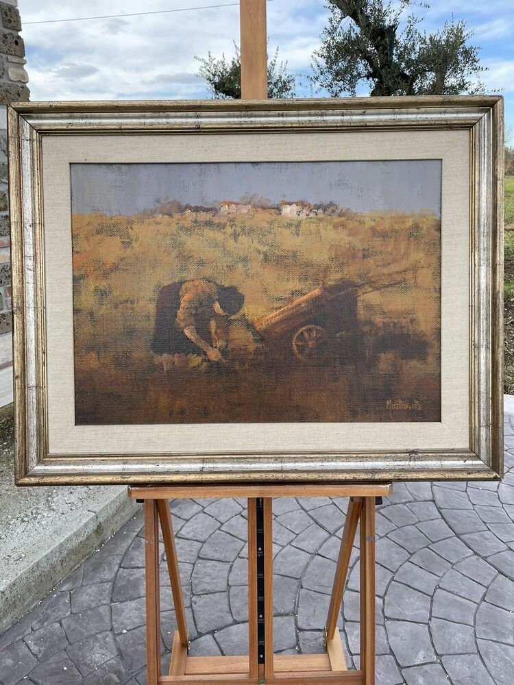 Olio su tela Adolfo Mastrovito (1940-2000) Donna Con Carretto