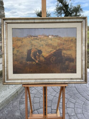 Olio su tela Adolfo Mastrovito (1940-2000) Donna Con Carretto